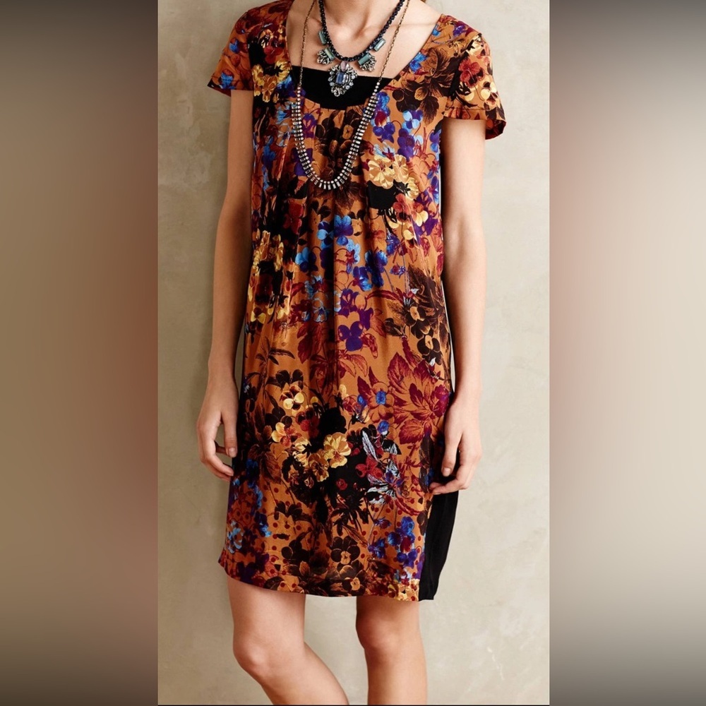 Maeve Anthropologie Pintura Silk Mini Shift Dress Medium Brown Motif - Picture 3 of 10
